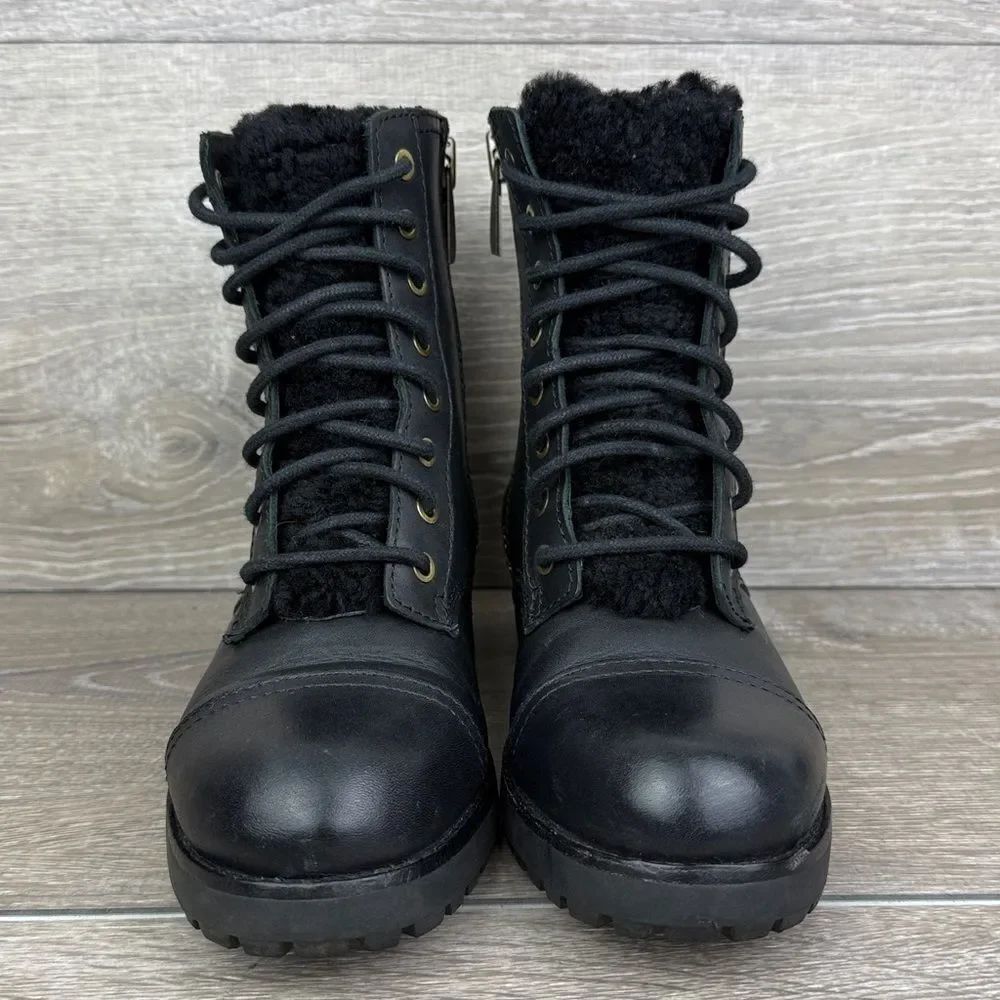 Ugg Kilmer II Exposed Fur Womens Sz 5.5 Black Leather Zip Lace 8-Eye Combat Boot - Picture 2 of 14